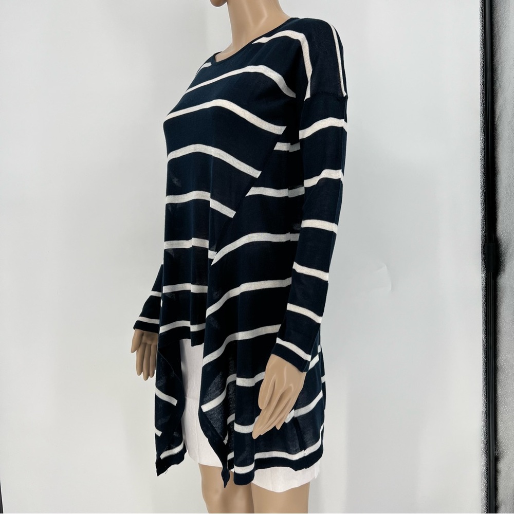 Solutions Womens Top Long Sleeve Handkerchief Hem Sheer Tunic Navy/White NEW